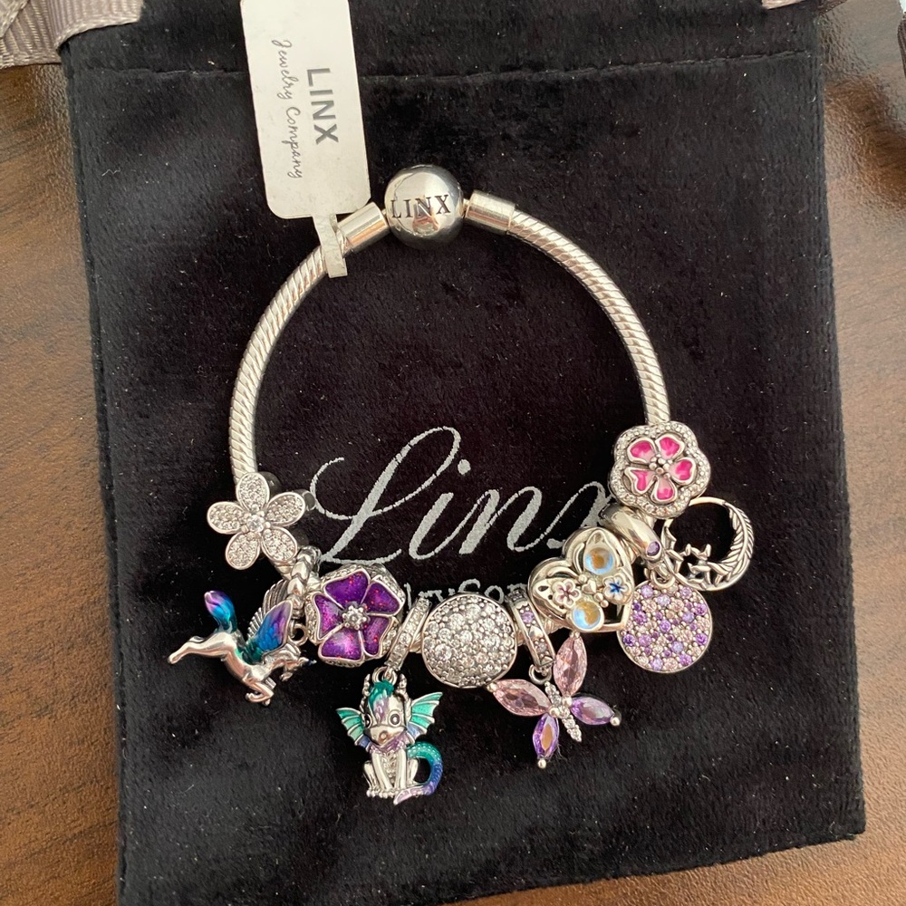Linx Snake Chain Bracelet with Unicorn Dragon Flower and Butterfly Charms
